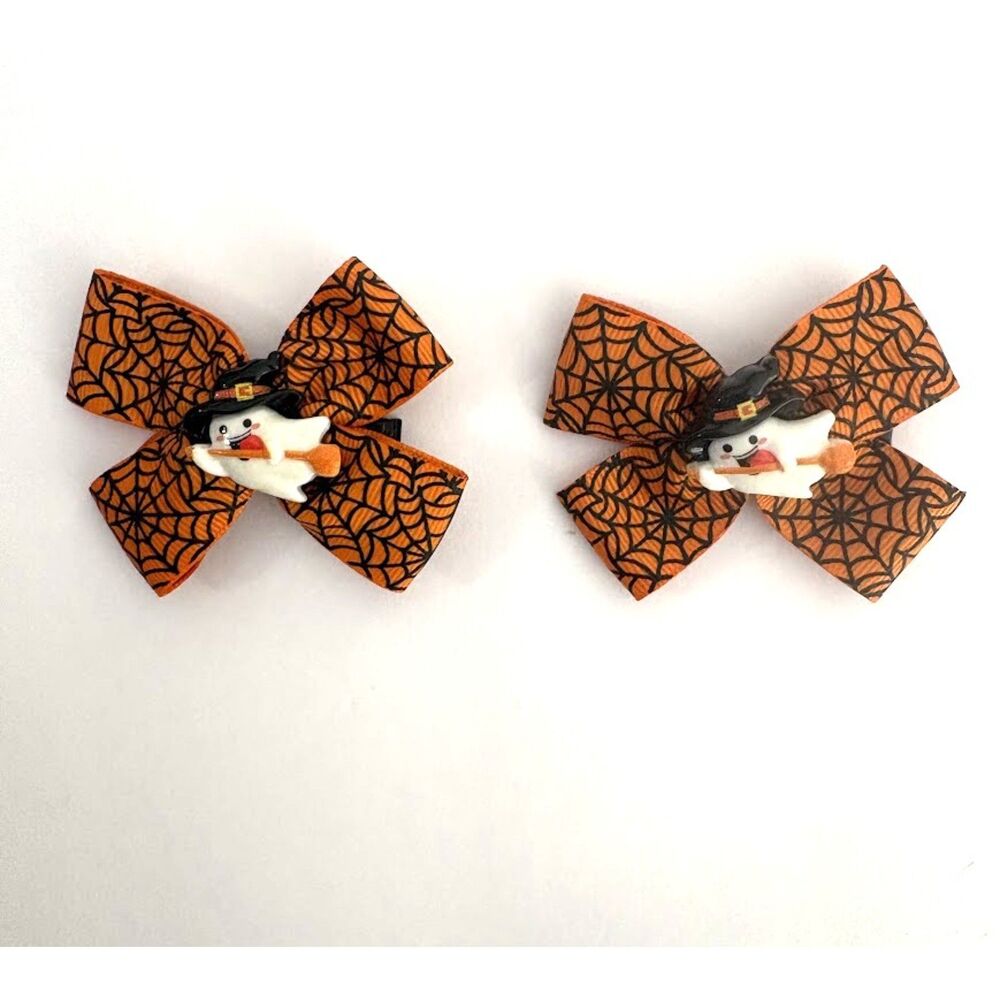 Halloween Hair Bow GHOST Set of 2 Girls Grosgrain Ribbon Bow Clips